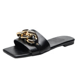 Women Slippers Fashion Chain Decoratie Vierkante Open Toe Teen Platte Outdoor Personality Street Punk Woman