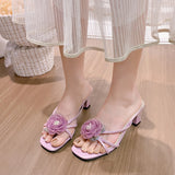 Women Flower Slippers High Heels Dress Sandals Shoes Summer New 2024 Fashion Beach Flip Flops Walking Pumps Outdoor