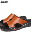 Leather Slippers Men Big Size 48 47 Slip on Casual Shoes Summer Breathable Outdoor Mens Slides Comfortable Beach