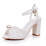 Breakj Cm Coarse Fish Mouth Sandals Square Sandals White Pearl Wedding Dress Sandals Pearl Wedding Shoes