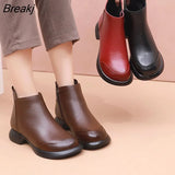 2023 Autumn Winter Women Boots Genuine Leather Flat Heel Side Zipper Soft Soled Retro Style Casual Mother Short