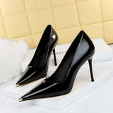 Breakj Sexy Skinny High Heels With Super High Heel Bright Painted Leather Shallow Metal Pointed Single