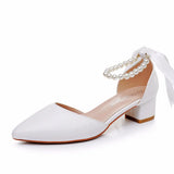 Breakj Cm Low Heel Tip Hollow Sandals Coarse Heel Beaded Women's Shoes White Mute PU Wedding Banquet Bridal