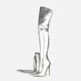 Furtado 2022 Women Over The Knee High Boots Pointed Toe Stilettos Heels Back Zipper silver burgundy Thigh High Boots 45