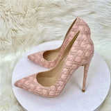 Elegant Women Pink Lace Fabric Pointy Toe High Heel Wedding Bridemaids Shoes Comfortable 8cm 10cm 12cm Stiletto