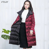 New Women Double Sided Down Long Jacket Winter Turtleneck White Duck Down Coat Double Breasted Warm Parkas Snow