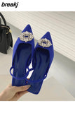 Brand Woman Sandals Luxury Crystal Slingback Flat Pointed Toe Mule Slip On Slide Rhinestone Vacation Shoes Big Size 41