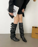 Breakj Piles Of Long Boots Women Western Boots Coarse But Knee Belt Buckle Trouser