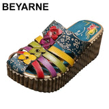 Genuine Leather National Style Hand Painted Slippers Outdoors Casual Summer Sandals Flower Wedges Slides Women