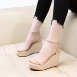 Summer New Wedge Heel Thick Platform Sandals Woven Hemp Rope Waterproof Platform 12 Cm Women's Shoes A Word Buckle High