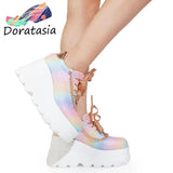 Big Size 43 Mixed Colors High Heels Women Sneakers Lace Up Thick Wedges Platform Vulcanized Shoes Casual Comfy