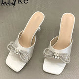 Summer Transparent Strange Low Heels Slippers Outdoors Fashion Crystal Bowknot Women Slides Shoes Party Dress Sandals