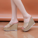 Golden Women Slippers Summer Shoes Platform(4cm) Outside Fitting-room 11cm High Heels Wedges Solid Mesh Female