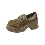 Breakj Bottom Mary Jane Small Leather Shoes Female 2023 New British Wind Pine Platform Bottom Metal Rhinestone Chain Loafer Single