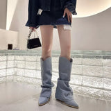 Pointed Denim Boots for Women 2023 Autumn New Slip on Thick Heeled Western Cowboy Boots Woman Blue Jeans Mid-Calf