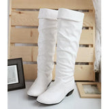 Leahter Knee High Boots Fashion Folding Slip on Winter High Boots Casual Low Heels White Black Long Slim Boots Ladies