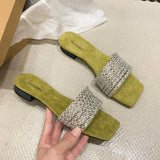 Women's Rhinestone Flat Slide Sandals, Glitter Square Open Toe Non Slip Shoes, Outdoor Beach