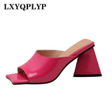 New Summer Women's High-heeled Patent Leather Slippers, Square Toe, Thick-heeled Net Red Sandals for