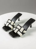 Women's Contrast Color Stiletto Heeled Sandals Fashion Square Toe Dress Pumps Stylish Slip On