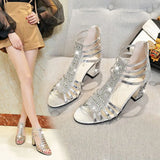 Breakj Summer New Sandals Thick Heel Korean Version Of Diamond Open Toe Heel Mother Shoes Large Size Straps Roman Sandals