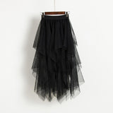 Tulle Skirts Women High Waist Mesh Skirt Hem Asymmetrical Pleated Midi Skirt Female Black Pink Summer Mid-calf
