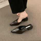 Breakj ~ Vintage Bag Head Half Slippers Women Outside Wearing A Lazy One-Legged Tip-Teller Shoes Coarse Heel Half-Shoe Single-Shoe