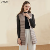 New Winter Women Ultra Light White Duck Down Jacket Zipper Medium Long Vest Stand Collar Outerwear 4XL Plus Size Down
