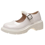 Buckle Mary Jane Shoes Thick-Soled Flat-Soled Spring Single Shoes Round Head White Bright Leather Small British Leather