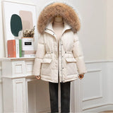 New Winter Women Thick Warm Large Real Fur Hooded Down Jacket 90% White Duck Down Coat Waist Retractable Parker