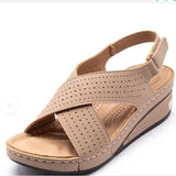 2023 New Sandals Women's Slope Heel Stitches Breathable Velcro Hollowed-Out Large Size Women's