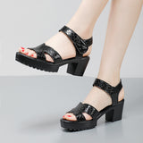 Breakj Leather High Heel Waterproof Sandals Women Fashion Crocodile Pattern Walking Shoes Summer Coarse Heel Magic Sticky H Women's