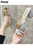 Fashion Metal Chain Summer Mules for Women Square Head Slip on Flip Flops Slides Slipper Women's Sandal Flat Shoes