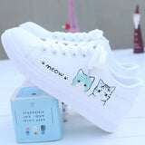 Women Sneakers Fashion Breathble Vulcanized Shoes Pu Cute Cat Cartoon Lace Up Casual White Women Shoes Zapatos De Mujer