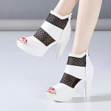 Sandals Women's 2023 Summer New High-Heeled Waterproof Table Fish Mouth Mesh Hollowed-Out British Thick-Heeled