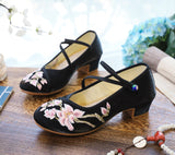 Breakj Heel Shoes, Thick Heel Women's Shoes, Embroidered Cloth Shoes Retro Dance Shoes Middle Heel Shoes, Spring And Summer