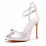 Breakj Mouth High Heel Sandals 10 Cm White Satin Cloth High Heel Women's Shoes Wedding Dress Wedding Dress Bridal