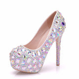 Queen Women Rhinestone Wedding Shoes High Heel Platform Event Handmade Cinderella Pumps Big