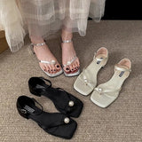 Breakj Head Pearl With Thick Heel Sandals Woman 2025 Summer Fairy Wind Clip Roman