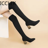 Women Boots High Heels Over The Knee Boot Knitting Socks Booties Stretch Fabric Thigh High Boots Woman Shoes High Heels