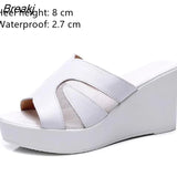 High Heels Slippers Women Leather Shoes Summer 2023 Platform Wedges Slides Ladies Slippers for Office Plus Size