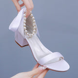 Breakj Cm Thick Heel Sandals Shallow Mouth With Sandals Champagne Satin Cloth Bride White Sandals Women Wedding