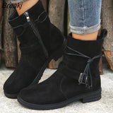 Autumn Retro Knight boots Women Round Toe Lace UP Ankle Boots Female Plus Size Flat Shoes Belt Buckle Suede Short