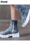 Denim Women's Boots Ladies Chunky Heel Platform Round Toe Shoes Denim Ankle Women Boot Jeans Casual Lace Up Sports Boot