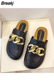 Women's Sandals Slippers 2023 Fashion Loafers INS Style Mules Shoes Summer Beautiful Gold Chain Flat Slippers（Size