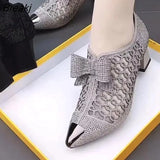 Lady Women Luxury Mesh Breathable Bow-knot Rhinestone Elegant Medium Heels Single Shoes High Pump Pointed Toe