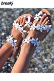Summer Women Sandals Sweet Boho Pearl Decoration Sandals Leather Flats Plus Size Women Beach Sand Holiday Shoes