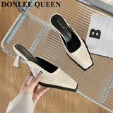 Weave Slippers Women High Heel Square Toe Shallow Mule Outdoor Slide Fashion Black White Plaid Flip Flops Zapatillas
