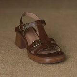 Sandals Female Middle Heel 2024 Summer Real Soft Leather Waterproof T-Shaped Buckle With Open-Toed High