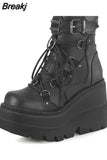 Brand Design Black Gothic Style High Heels Black Front Zipper Ankle Platform Boots Street Cool Woman Wedges