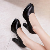 Work Shoes, Women's Black Dress, Professional Leather Shoes, Waterproof Platform, High Heels, Pointed, Large Size, Shallow Mouth, Thick